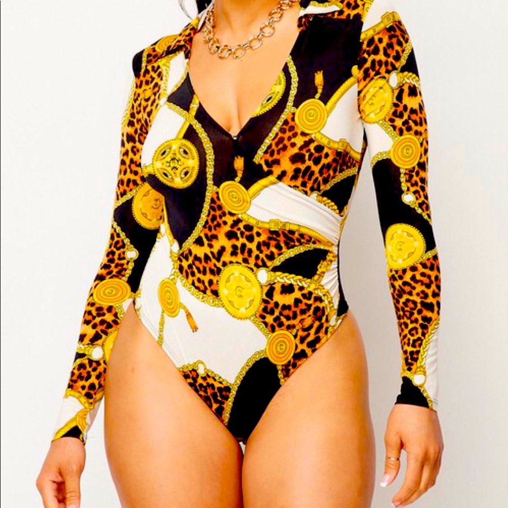 Black/Gold Medallion Print Pin-under Bodysuit